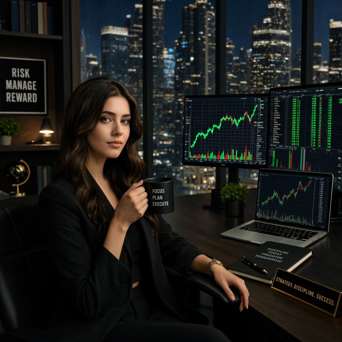 Analyst at a desk with several market charts and a city skyline behind
