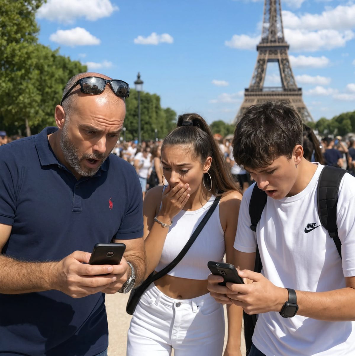 Three people looking worried at their phones in front of the Eiffel Tower