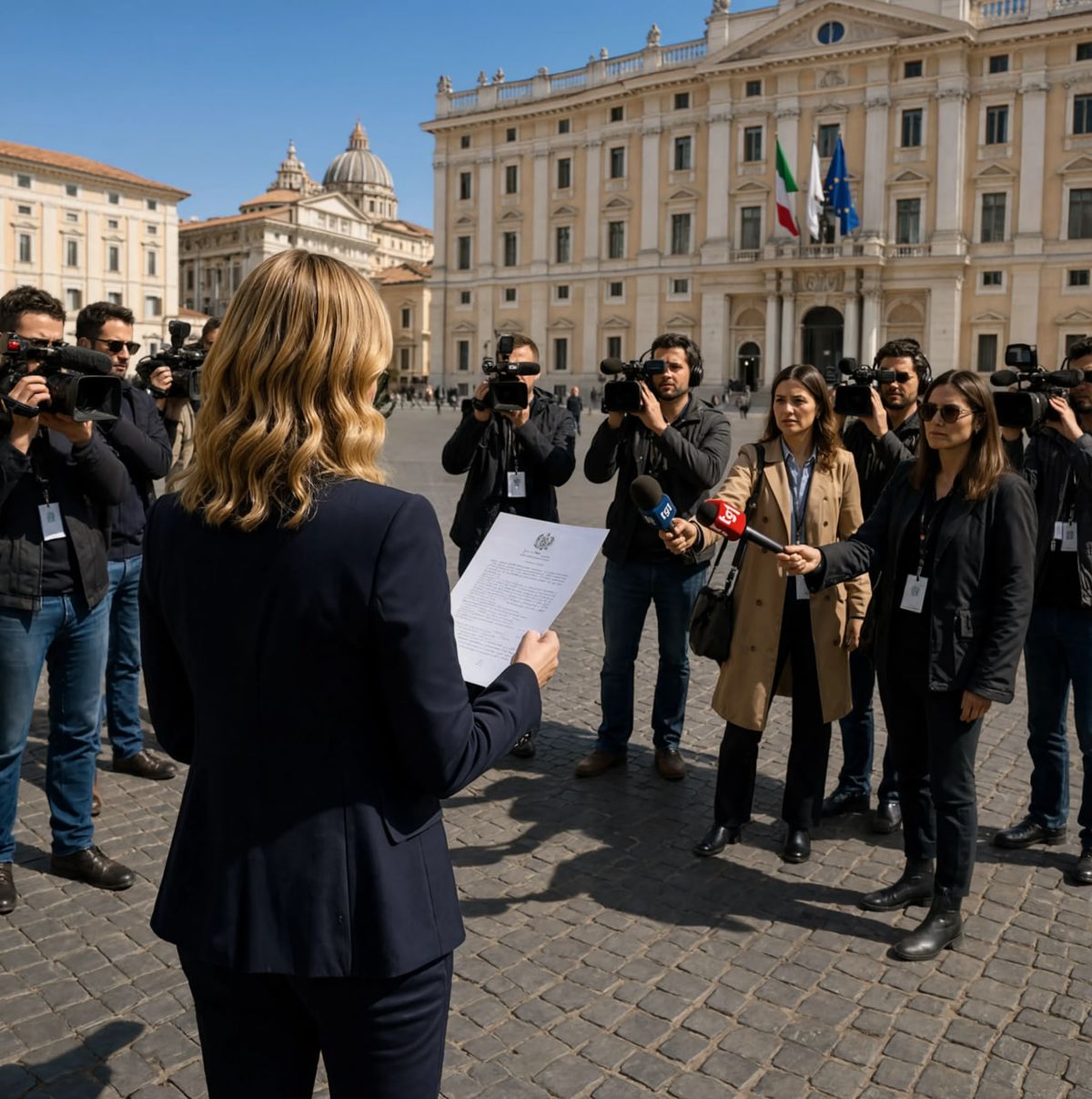 Reporters with cameras and microphones gather around an official reading a statement