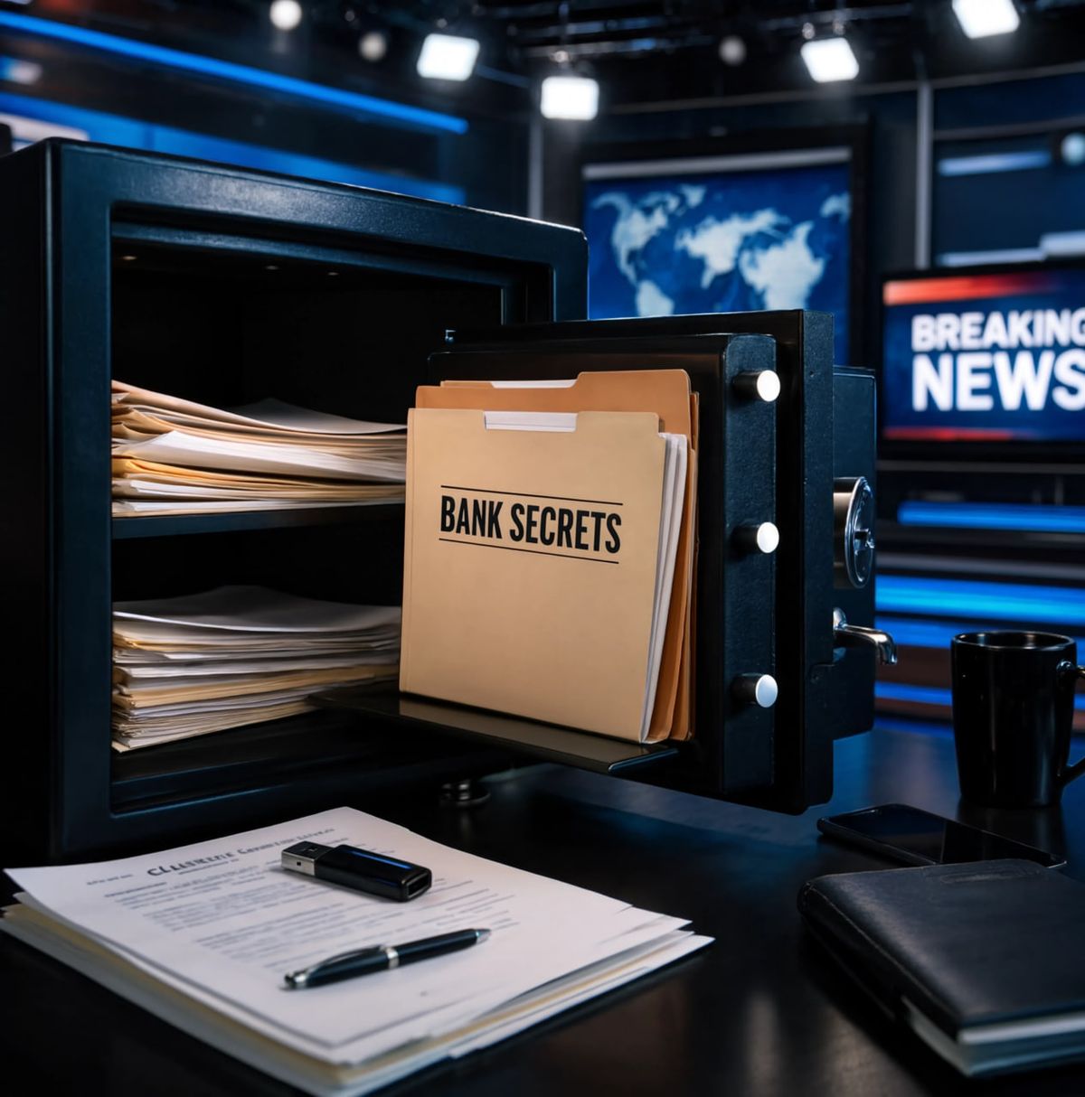 An open safe with confidential folders and a news studio in the background
