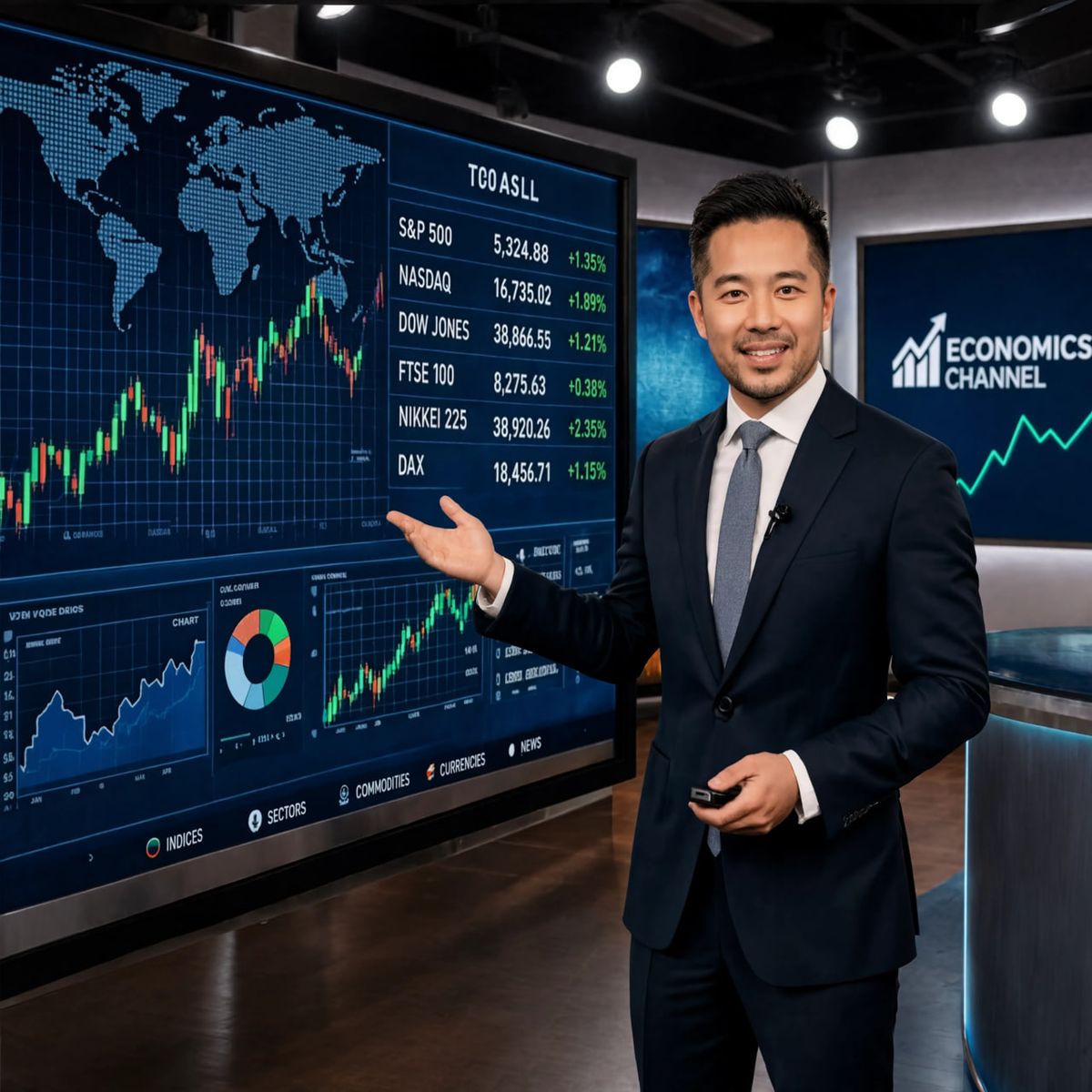 Presenter in a news studio pointing at a screen with market charts