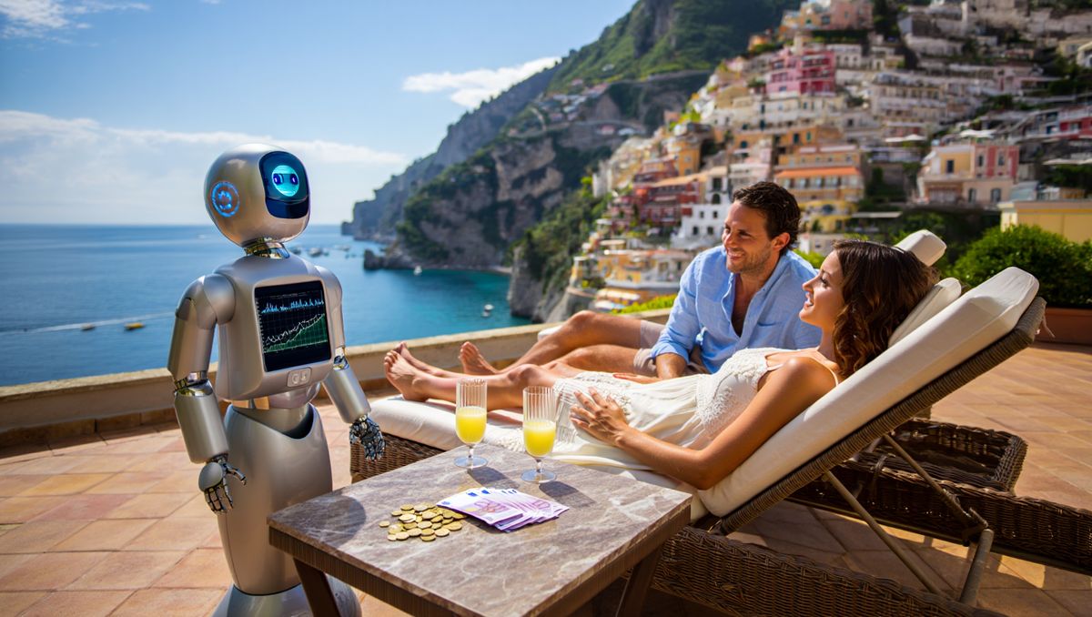 A friendly robot with a chart on its screen beside a couple relaxing on a seaside terrace
